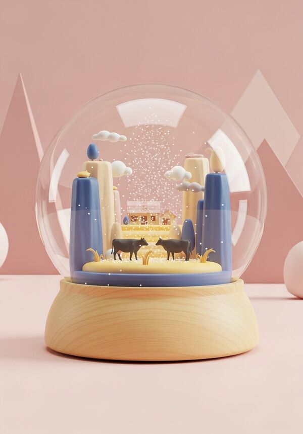 Zwei schwarze Kühe auf einer Wiese umgeben von hohen Felswänden. Im Hintergrund ist ein Bauernhof zu sehen.