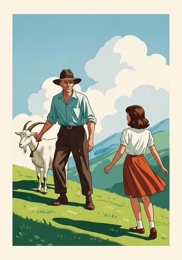 Ein Mann im Alter von 50 mit einer Ziege an einem grünen Hang und es soll ein junges braunhaariges mädchen im alter von 15 jahren laufen kommen
