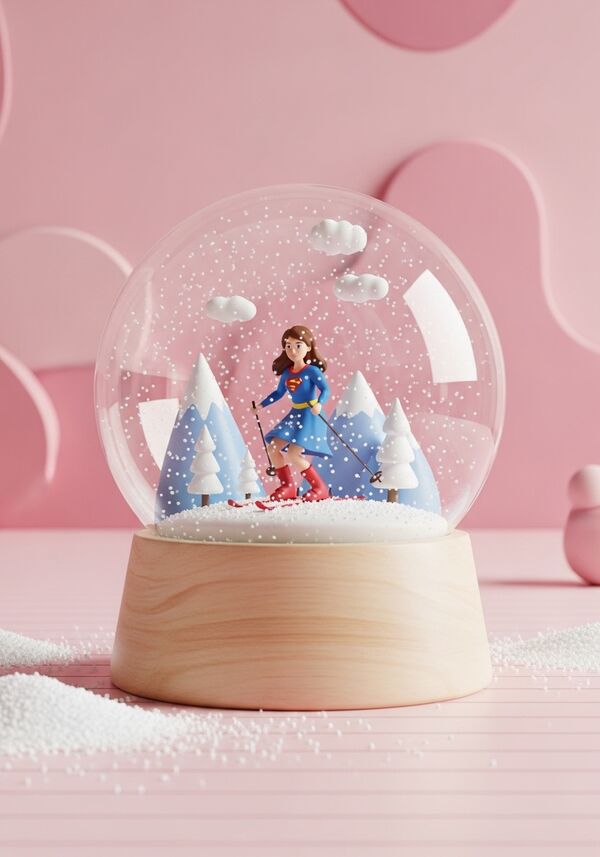 Supergirl mit braunen Haaren, auf Skis mit blauem Dress mit Bergen und Schnee