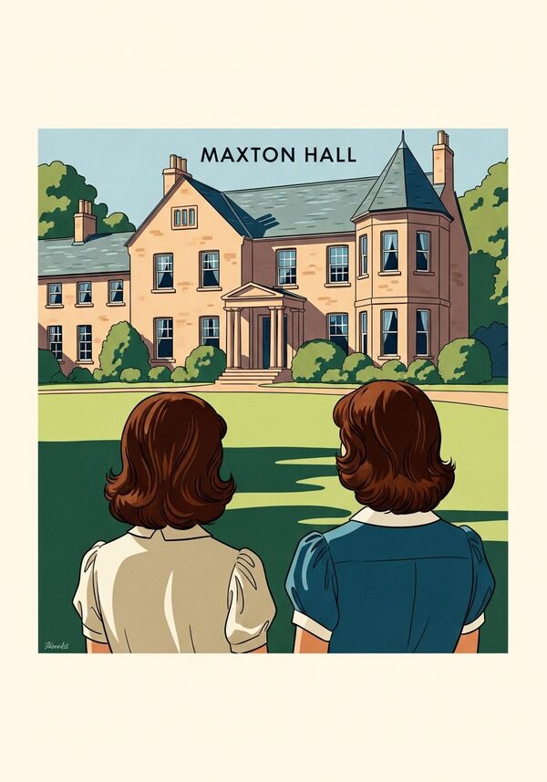 zwei Mädchen mit braunen haaren am Maxton Hall schauen und lachen