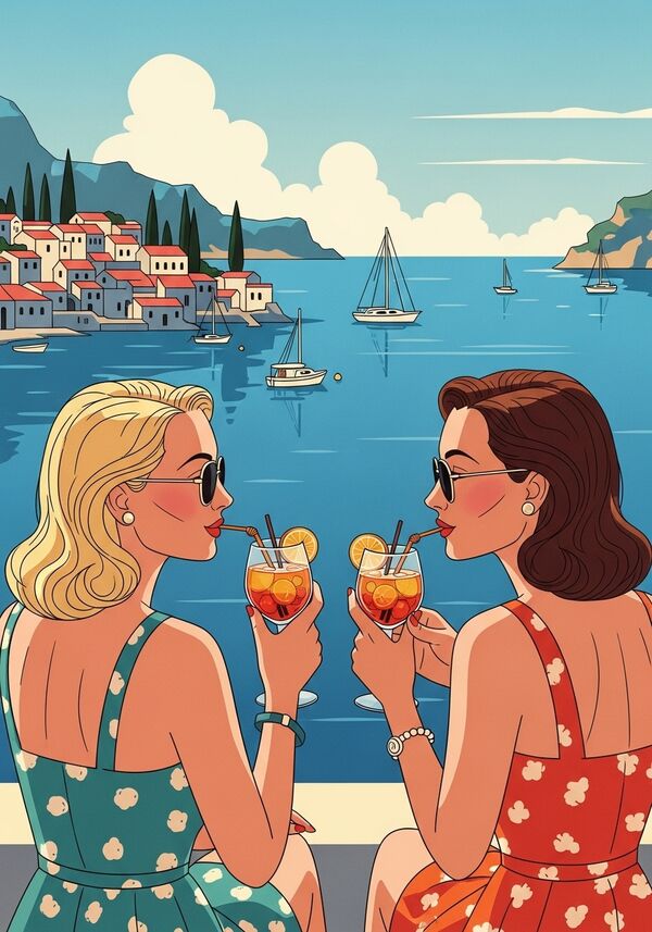 Eine 40jährige Blondine und eine 42jährige Brünette mit halblangen Haaren trinken gemeinsam in einer Bucht am Meer eine Aperol Spritz.