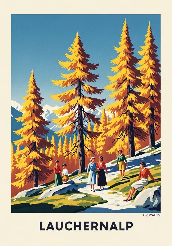 Bilde die Lauchernalp im Wallis ab mit vielen herbstlichen Lärchen und glücklichen Menschen.
 