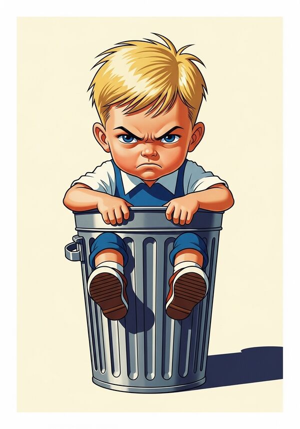 ein kleiner wütender junge mit blonden haaren und blauen Augen  in einem Müllcontainer