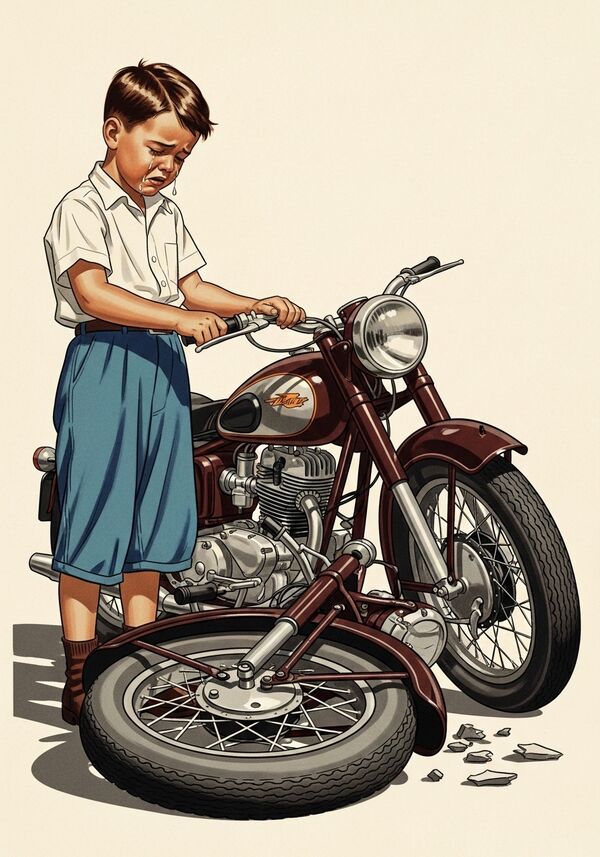 ein junge der neben dem Kapputen Motorrad Motor weint


