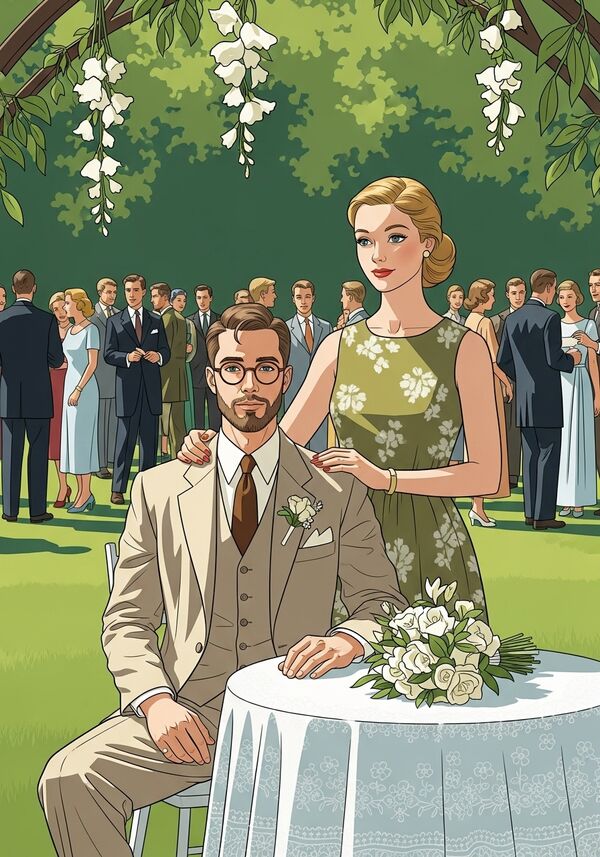  Eine elegante Outdoor-Hochzeitsszene in einem üppig grünen Garten. Im Vordergrund sitzt ein junger Mann an einem kleinen runden Tisch mit weißer Spitzen-Tischdecke. Er trägt einen beigefarbenen dreiteiligen Anzug, ein weißes Hemd, eine braune Krawatte und runde Brillen; er hat dunkles Haar und einen kurzen Bart. Neben ihm steht eine junge Frau in einem olivgrünen, ärmellosen Kleid mit feinem floralen Muster. Sie hat blonde, zurückgebundene Haare und legt ihren Arm sanft auf seine Schulter. Beide stehen unter einem Bogen mit herabhängenden weißen Blumen. Im Hintergrund sind viele festlich gekleidete Hochzeitsgäste zu sehen, die sich auf dem Rasen unterhalten. Die Atmosphäre ist warm, natürlich und romantisch