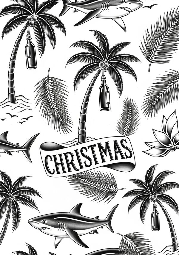 Tattoos tattooos tattooos. Palmen, palmen mit flasche, hai (fisch), schrift CHRISTMAS, schwarz weiss, wie ein pattern