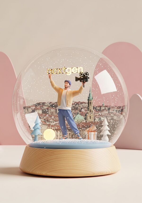 Mann, 30ig, lockere alternative kleidung. halt beide hände hoch. auf einer hand led buchstaben "nextgen", auf der anderen eine filmkamera. weihnachtliches setting. hintergrund bern