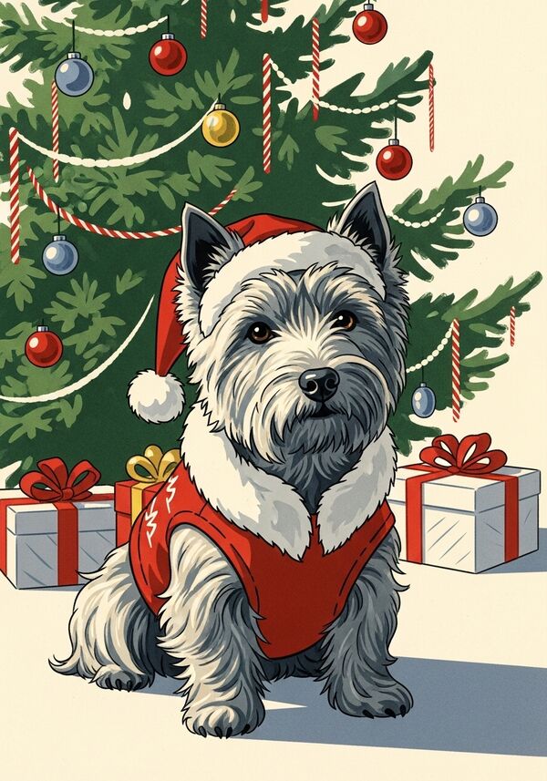 mein ein westi hund in süsser weihnachtskleidung vor weihnachtsbaum