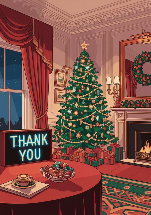 ein festlich dekorierter Weihnachtsbaum steht in der Ecke einer üppig weihnachtlich dekorierten Wohnung. Auf dem Tisch davor steht ein Schild mit dem Text "Dankeschön" in einer Leuchtschrift.