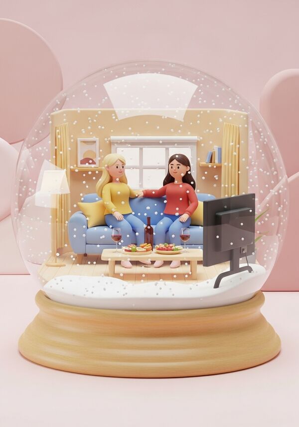 Zwei beste Freundinnen, die eine blond, die andere brunette, beide hellhäutig, chillen gemütlich im Wohnzimmer auf einem Sofa vor dem Fernseher. Vor ihnen ein Salontisch mit Antipasti und zwei Gläsern Rotwein. 