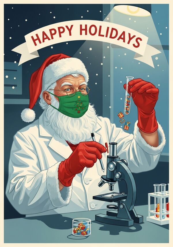 Der Weihnachtsmann arbeitet in einem biomedizinischen Labor. Er trägt einen weißen Laborkittel, einm grünen Mundschutz mit einem Weihnachtsbaum darauf, rote Latexhandschuhe und hält ein Reagenzglas in der Hand. Im Reagenzglas befinden sich viele kleine Geschenke. Daneben steht ein Mikroskop auf dem Tisch. Über ihm schwebt ein Banner mit der Aufschrift 'HAPPY HOLIDAYS'. Die Szene ist detailreich, freundlich und festlich, mit realistischer Laborumgebung, guter Beleuchtung und winterlicher Stimmung 