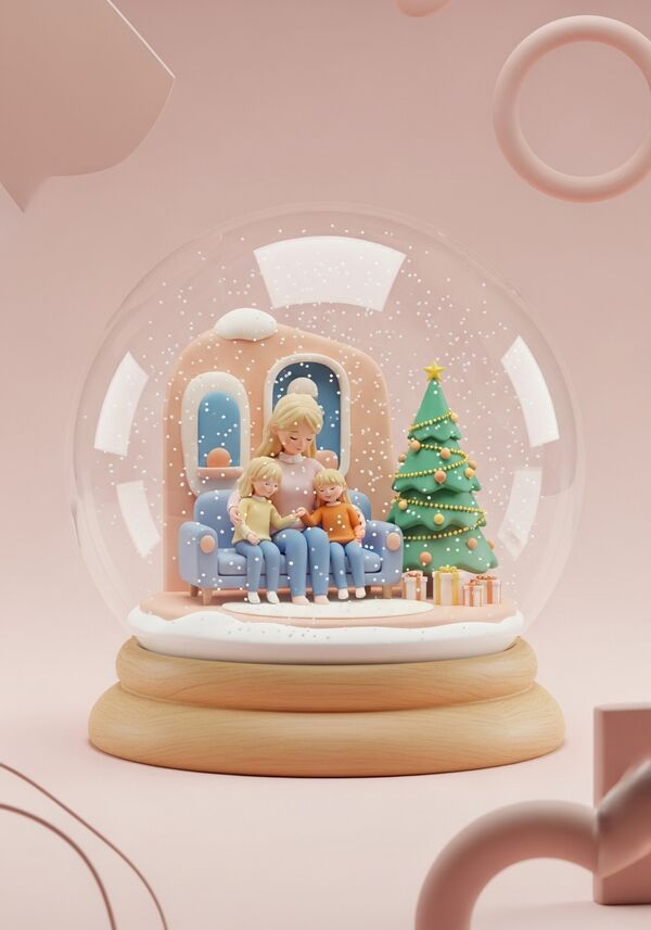 Eine Mutter mit blonden Haaren sitzt mit ihren beiden Mädchen (11 Jahre und 7 Jahre) eng umschlungen auf dem Sofa. Neben dem Sofa steht ein schön geschmückter Weihnachtsbaum. 