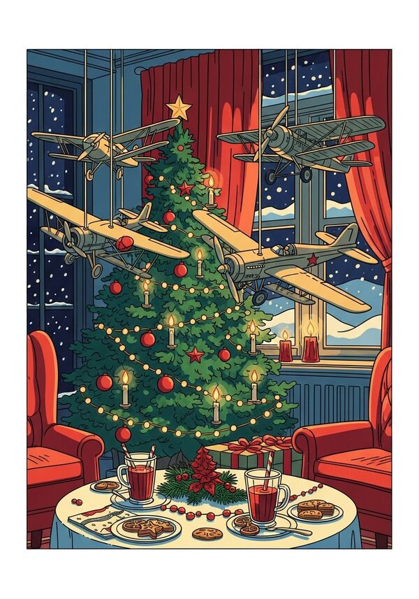 Modellflugzeuge hängen in einer weihnachtlichen Stube. Weihnachtsbaum mit Kerzen
und Lichtern. Auf einem festlich geschmückten Tisch stehen Glühwein und Weihnachtskekse. Eine weihnachtliche Stimmung liegt in der Luft. Durchs Fenster sieht man Schnee.
