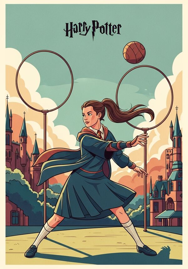 style harry potter, but a girl with long braun hair with ponytail, 14 years old, playing quiddich
