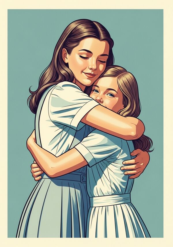 zwei Mädchen die sich umarmen die eine 14 jahre grösser und hat braune lange Haare die andere hat lange hellbraune haare und ist 12 jahre