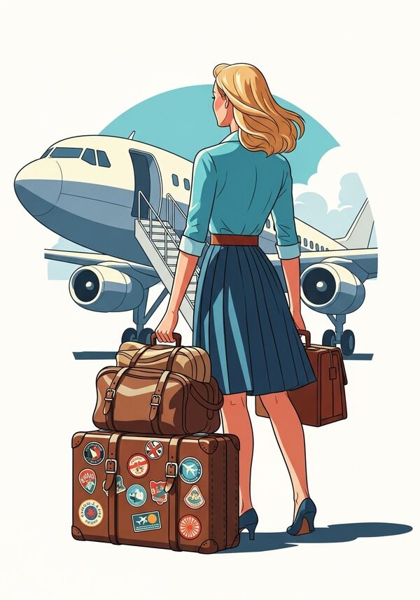 Eine junge Frau mit blonden Haaren steht mit einem gepackten Reisekoffer mit ganz vielen Stickern von unterschiedlichen Ländern vor einem Flugzeug und ist bereit einzusteigen.