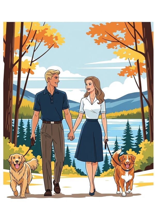 Ein Goldenretriever und ein Nova Scotia Duck Tolling Retriever sind an der Leine von einem jungen Mann mit blonden Haaren er trägt ein dunkelblaues Polohemd und einer Frau mit langen hellbraunen Haaren. Das Paar hält die Hände.
Bei einem Spaziergang durch einen Herbstlichen Wald in Kanada mit einem hellblauen See im Hintergrund
