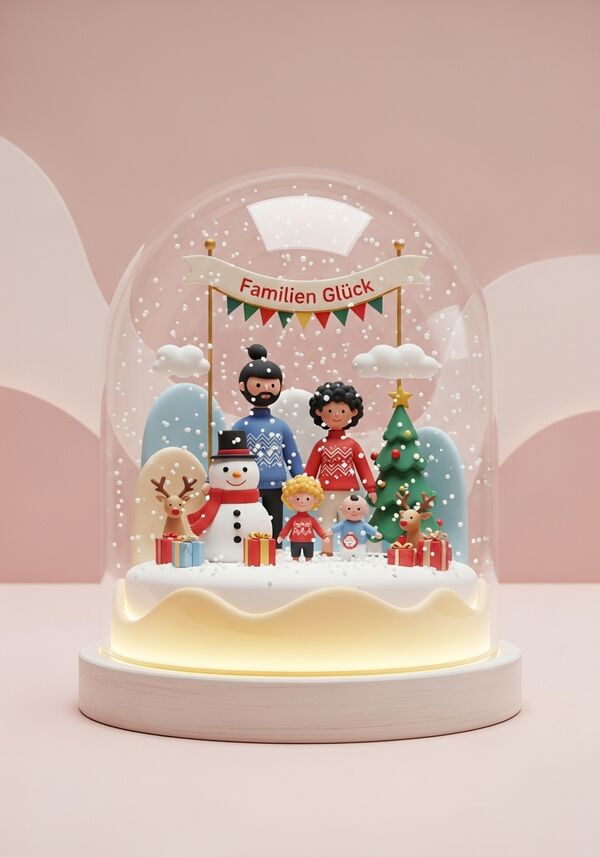 Familien Glück Banner oben drüber Weihnactslandschaft mit einem Schneeman Familie mit Mann etwas grösser Dunkle haare mit kurzem Rosschwanz und dunklem Bart Frau etwas kleiner mit dunklen haaren lockig dann kleines Kind mit lockigen blonden haaren und ein baby mit dunklen glatten harren alle mit  pullis Tannenbaum Rote Farbe Rentiere Weihnachtsusjets verschieden darauf 