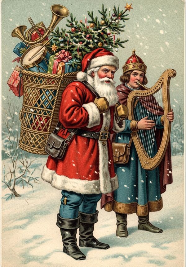 Nikolaus hält eine grosse Pedalharfe