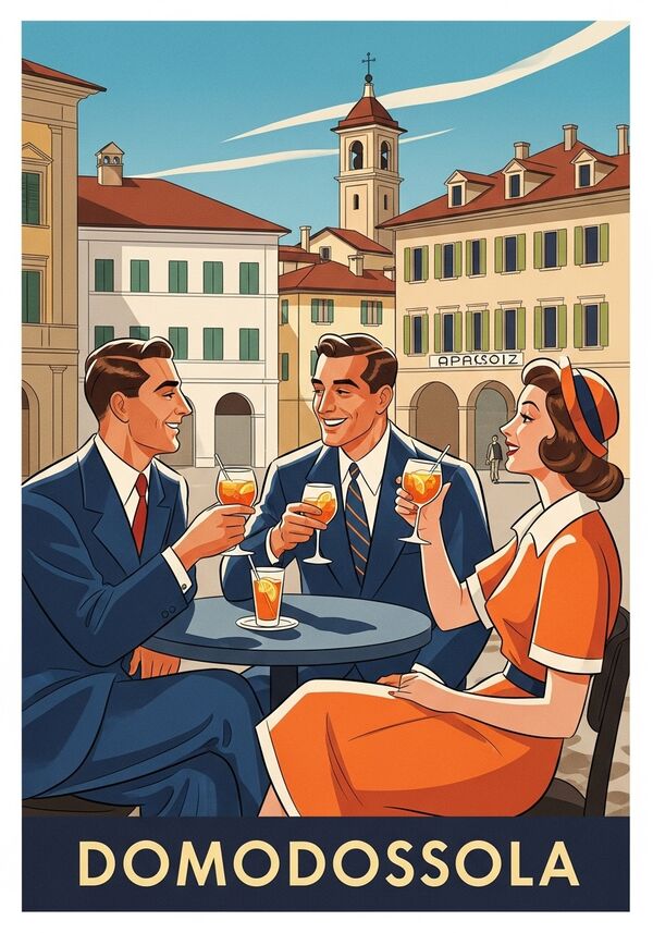 Zwei Männer und eine Frau sitzen in Domodossola auf der Piazza und trinken ein Aperol Spritz