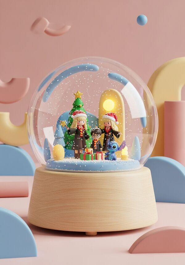 Zwei blonde Mädchen im Hogwarts Style feiern Weihnachten neben Harry Potter und Stitch