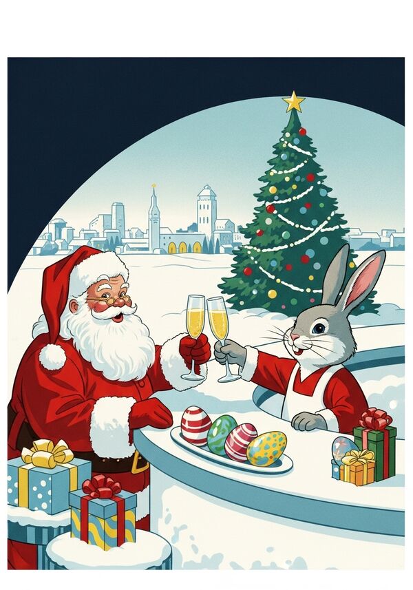 Ein Samichlaus und der Osterhase an einer Schneebar. Sie prosten sich mit Champagner zu. Auf der Bar hat es ein paar farbige Ostereier und Geschenke des Samichlaus. Weihnachtsbaum dahinter. Im Hintergrund eine verschneite Stadt