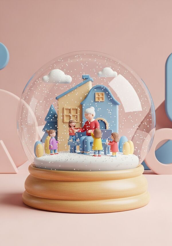 Die Grossmutter mit kurzen grauen Haaren sitzt auf einer Bank bei ihrem Bauernhaus und spiel mit ihren vier Grosskindern. Alles Mädchen.