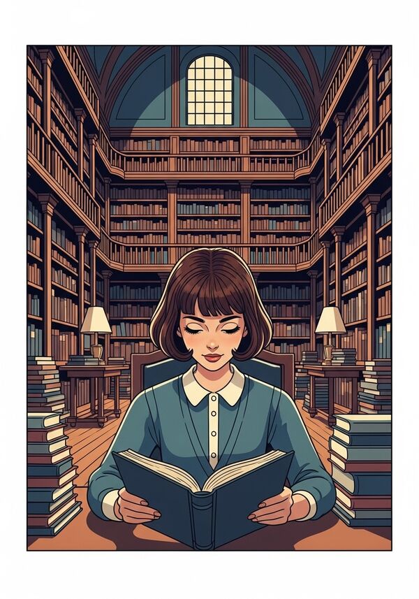 ein book girl mit braunen haaren und bob haarschnitt am lesen in einer grossen königlichen altmodischen Bibliothek und die Bibliothek gehört dem Mädchen 