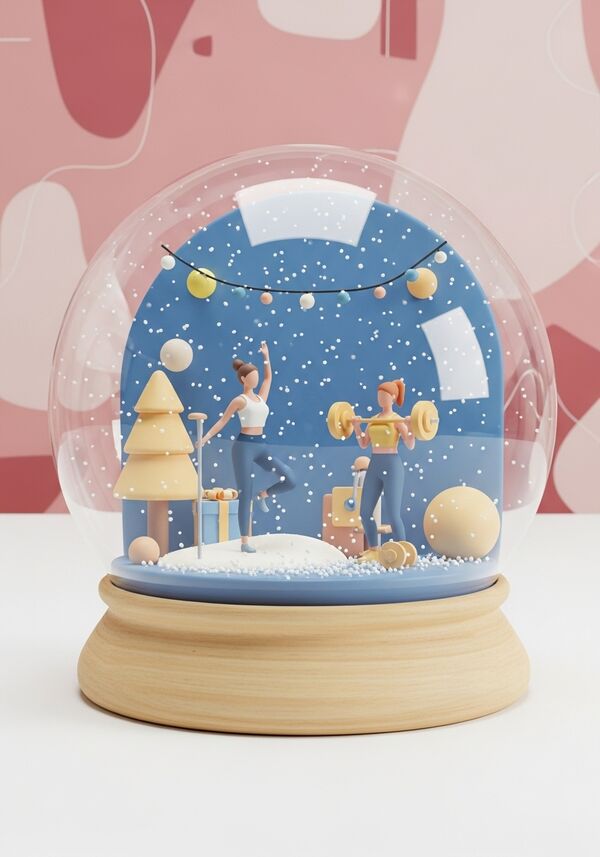 2 Frauen im Gym (Aerobic und hanteln) weihnachtsstimmung. blauer hintergrund.