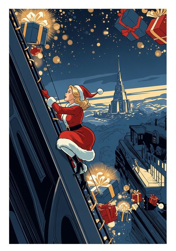 Frau Santa am klettern. blonde haare. weihnachtsstimmung. geschenke, lichter, glanz