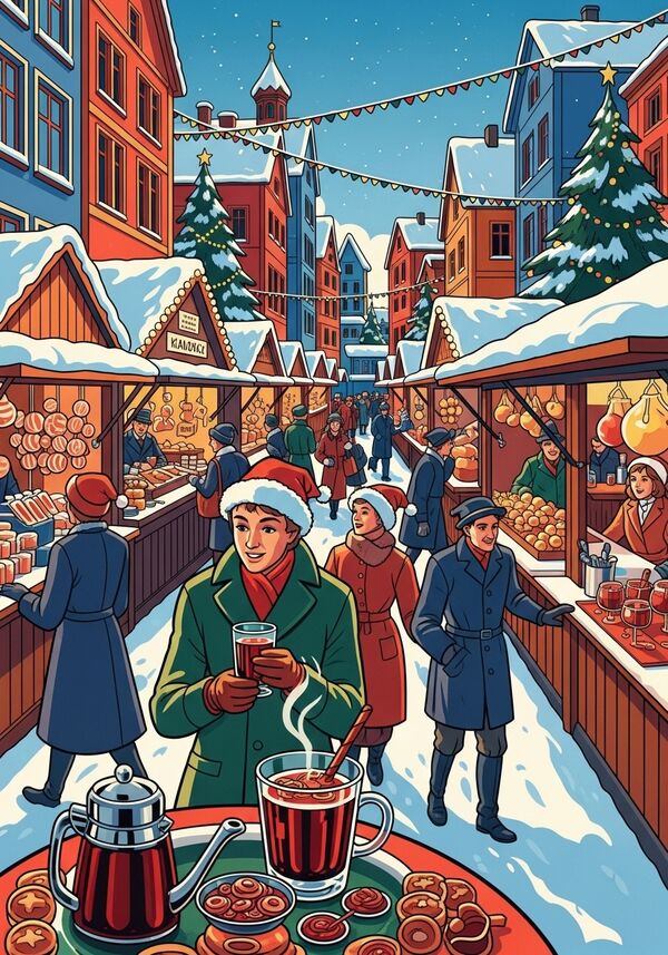 Weihnachtsmarkt mit viel bunten Gassen, Schnee und Weihnachtsbäumen. Viele Essstände, Candy, Menschen die Glühwein trinken auf dem Marktplatz