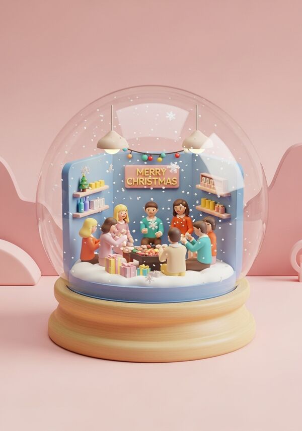 Eine Gruppe sitzt rund um einen Korean BBQ. Sie lachen, essen und trinken. Es sind 6 Frauen (3 Blondinen, 3 Brünette) und 3 Männer. Im Hintergrund steht "Merry Christmas"