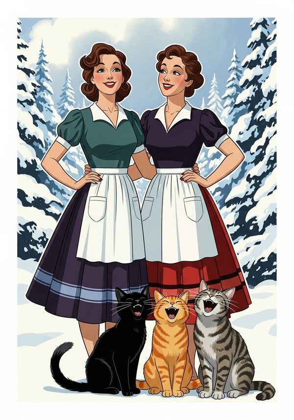 Zwei Theater leute, etwa gleich gros beide haben braune haare, eine hat leichte Locken. beide haben eine helle hautfarbe.  stehen nebeinander, sie tragen zwei schöne röcke mit einem schurz, man sieht: sie spielen theater. neben ihnen stehen, eine schwarze, eine Orange und eine Grau getigerte Katze. sie lachen einenader an. im Hinetrgrund sieht man eine verschneite schnee wald landcshft. 