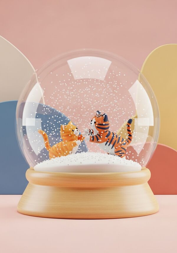 Zwei kleine Katzen, eine Orange die andere mit einem Tigermuster, das Tigermuster soll die farben: ein bisschenOrange, Dunkelgrau,  viel Hellgrau und weisser bauch und nasen spitze enthalten,  spielen im Schnee