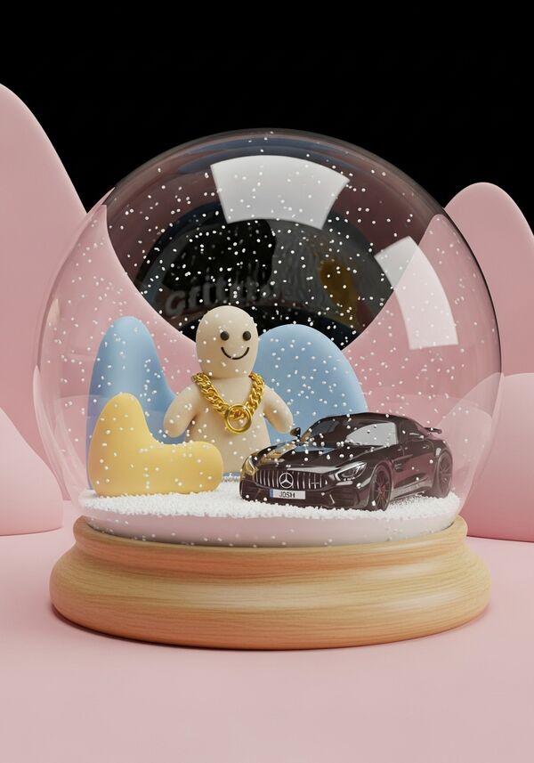 Mache bitte eine Karte mit einem Grittibänz, der eine Goldkette trägt und ein schwarzen AMG Mercedes Benz, auf dem Nummernschild steht Josh, es ist Abend und ein dunkler Hintergrund