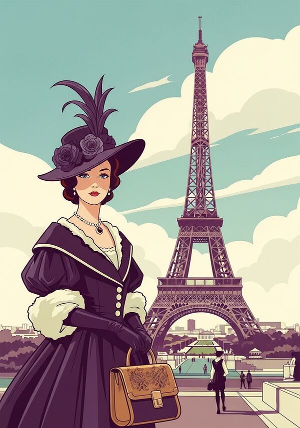 eine old money gekleidetes Mädchen in Paris und im Hintergrund der Eiffelturm