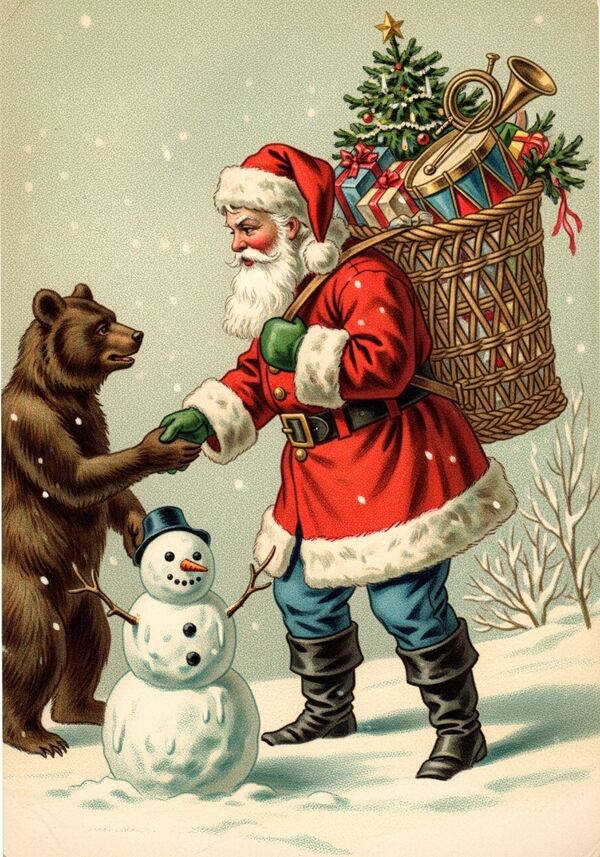 Ein Bär schüttelt dem Weihnachtsmann die Hand. Ein Schneeman schmilzt vorne dran.