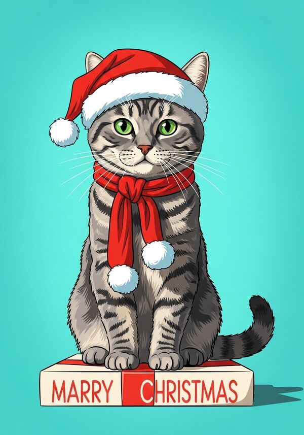 sehr sehr süsse grau-getiegerte katze. erwachsen und grüne augen. halb britisch-kurzhaar aber mit "normaler" gesichtsform. er hockt auf einem päcklein und lacht glücklich. weihnächtlich. hintergrund türkis. mit merry xmas
