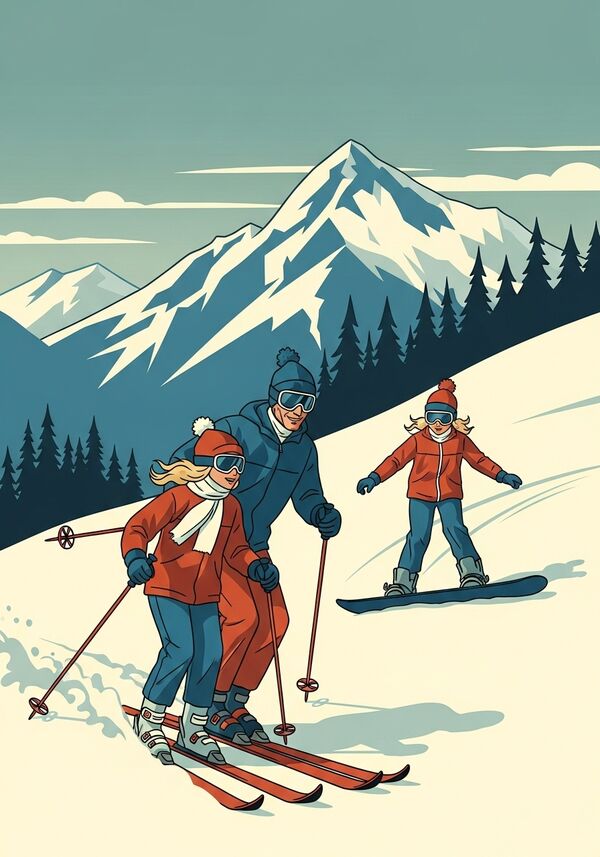 Vater und zwei Töchter in den verschneiten Bergen. Vater und eine Tochter fahren Ski, die andere Tochter fährt Snowboard
