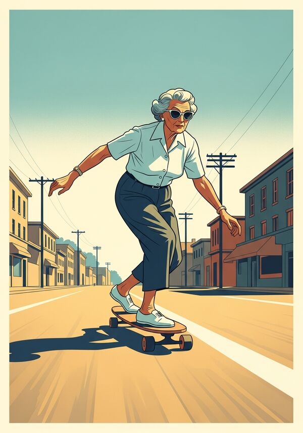 Elderly woman skateboarding down a sunny street, wearing sunglasses and casual attire, showcasing agility and determination