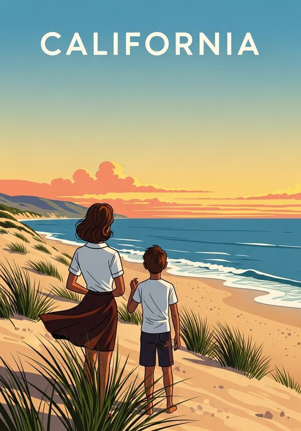 Stranddünen in Kalifornien, Sonnenuntergang, Meerblick, Frau mit braunen Haaren von hinten zu sehen und Junge mit braunen Haaren ebenfalls von hinten zu sehen