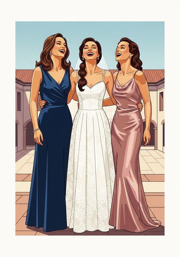 drei Frauen stehen nebeneinander, lachen in den armen halten, die trägt ein dunkelblaues bodenlanges Kleid und hat mittelbrauen lange Haare, die zweite trägt ein weisses Hochzeitskleid  mit feinen träger und viel Spitze, Sie hat dunkelbraune gelockte halb geflochtene und halb offene Haare . die letzte trägt ein seidiges Rosagoldes bodenlanges Kleid hat dunkelbrauen lange Haare halb hochgesteckt. Sie stehen auf einer Terrasse die in einen Innenhof zeig. 