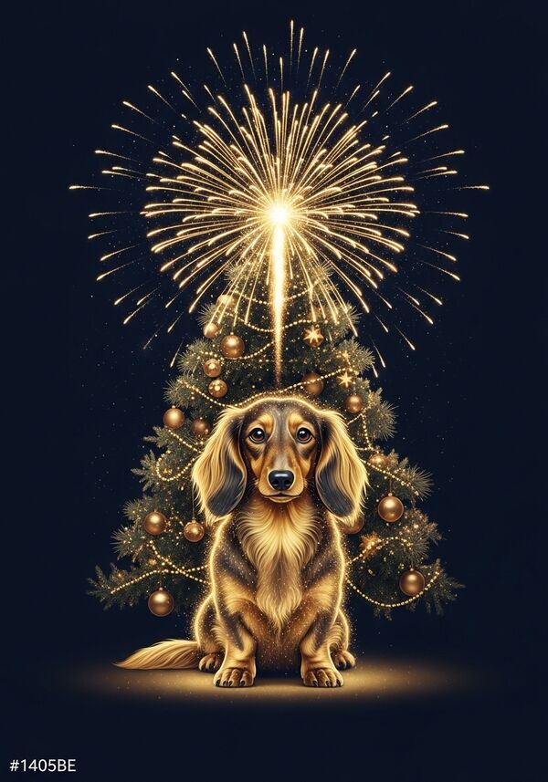 Ein süser, langhaariger Dachshund sitzt unter einem festlich geschmückten Weihnachtsbaum. 

