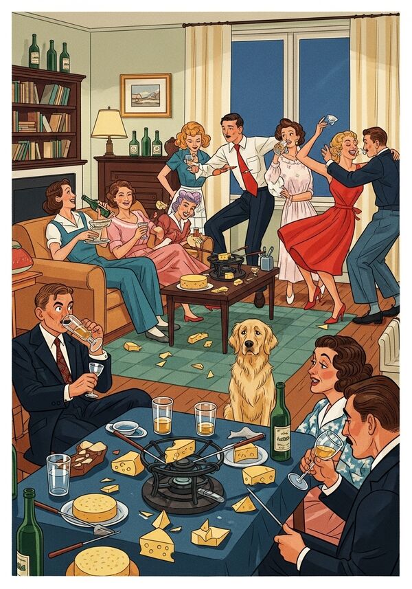 im wohnzimmer findet ein verrücktes fondue-gaudi mit 10 personen statt. es wird viel getrunken. in der ganzen wohnung käse und alkohol. ein golden retreaver schaut verdutzt dem wilden treiben zu. es wird auch getanzt