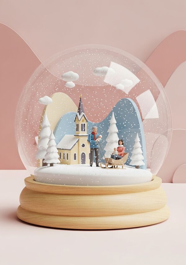 mit einer Kirche, Schnee, einem Ehepaar (der Mann hat graue haare und keinen Bart und keinen Schnauz, die Frau hat schwarze lange Haare, beide sind ca. 50 Jahre alt, sie sehen aber jünger aus, mit einem kleinen Baby, Tannenbäume wie im Hochschwarzwald, ein Schlitten, es sollen nur das Ehepaar und das Baby drauf sein, das Ehepaar mehr im Hintergrund und die Kirche eher im Vordergrund, kein Kind mit Schlitten, das Baby soll im Schlitten sein