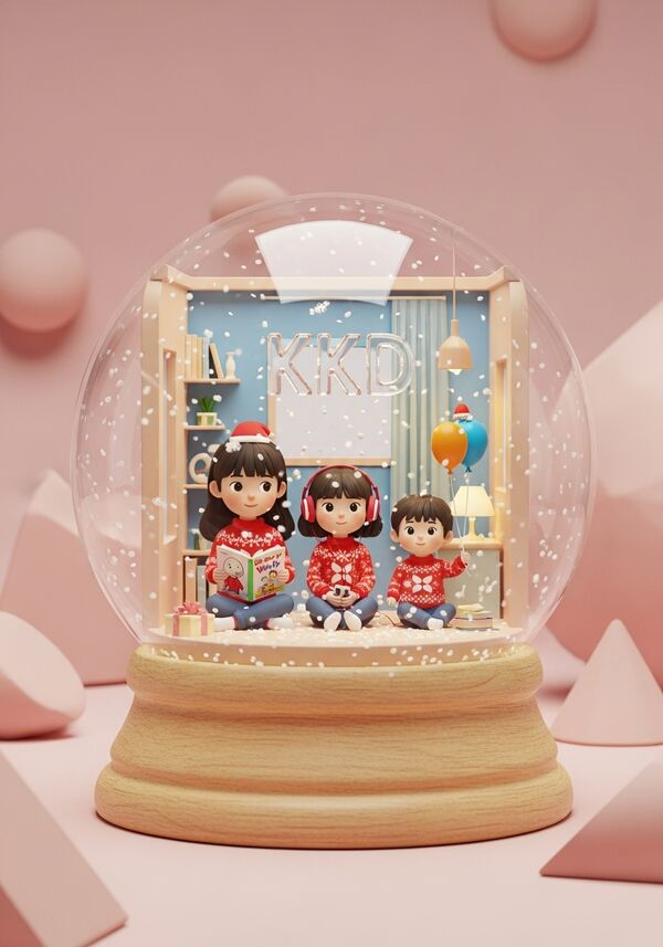 Eine liebevolle, realistische Illustration von drei Kindern: ein 8-jähriges Mädchen, ein 4-jähriges Mädchen und ein 2-jähriger Junge. Alle haben dunkle Haare und tragen identische Weihnachtspullover in derselben Farbe. Das älteste Mädchen hält das Buch „Gregs Tagebuch“ in den Händen, das 4-jährige Mädchen hört K-Pop (z. B. mit Kopfhörern), und der 2-jährige Junge hält einen bunten Ballon. Über der Szene steht das Wort „KKD“, gestaltet wie aus Glas. Warme, weihnachtliche Stimmung, weiches Licht, detailreich und freundlich.