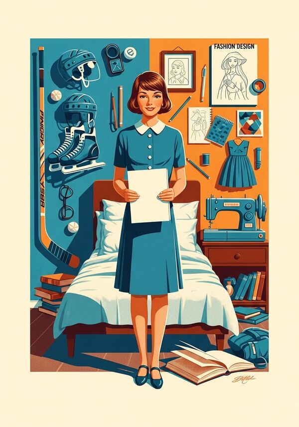 ein Zimmer eines 14 Jährigen Mädchen mit braunem Bob Haarschnitt. sie spielt Eishockey. sie will Modedesignerin werden und sie liest viel. 