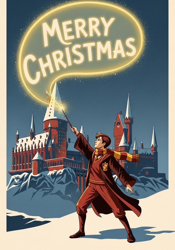 In the Style of Harry Potter, a Gryffindor Kid Waving his Wand with a Patronas charm that says "Merry Christmas". Background should be Hogwarts during Winter