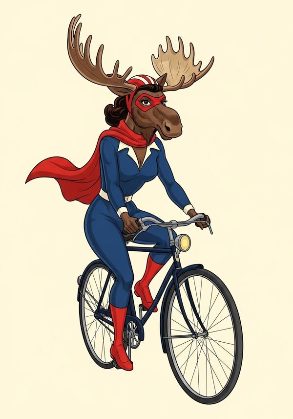 cooler Frauen-Elch auf dem Fahrrad. mit Superheldenkostüm