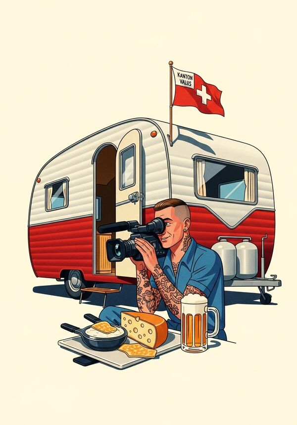 Wohnwagen, Tattowierter Mann mit kurzen haaren, mit Videokamera, mit Raclettekäse und Bier, auf dem Wohnwagen ist eine Flagge aus dem Kanton Valais
